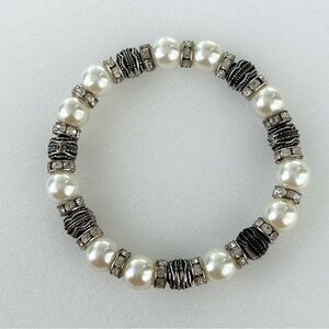 Faux Pearls with Rhinestone Rondelles and Silver Tone Beads Stretch Bracelet 8”